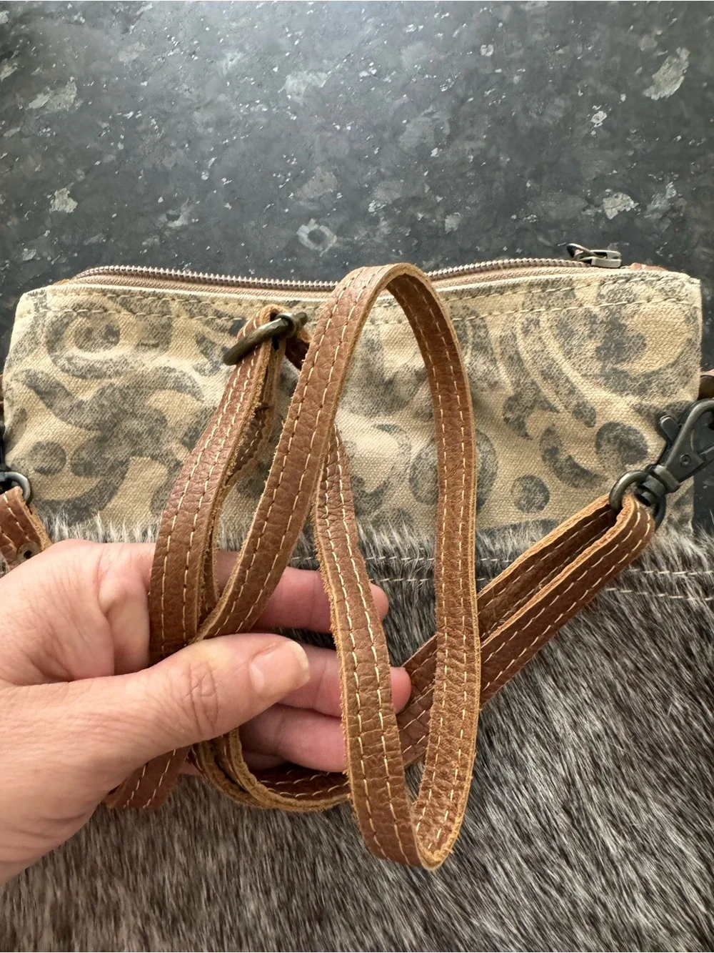 Myra Bag Brown Patterned Canvas & Haircalf Crossbody